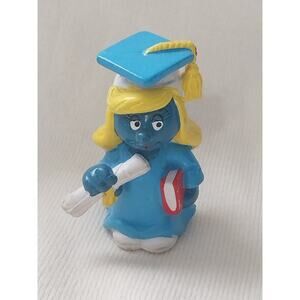 Vintage Smurf Graduation Smurfette PVC Figure Diploma Hat Book